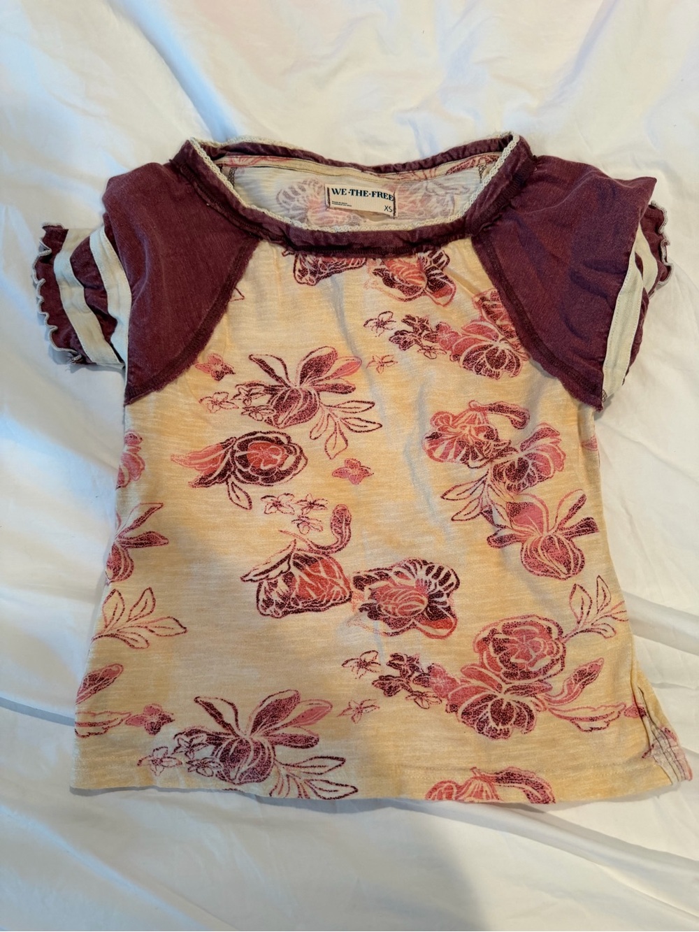 We The Free Floral Raglan Top in Cream and Purple